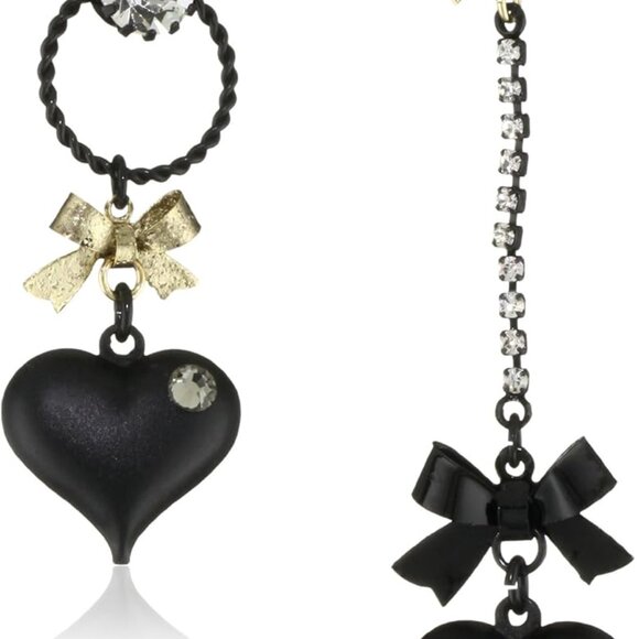 Women's Glass Heart and Bow Drop Earrings Mismatched Black-Plated Jewelry - Picture 1 of 3